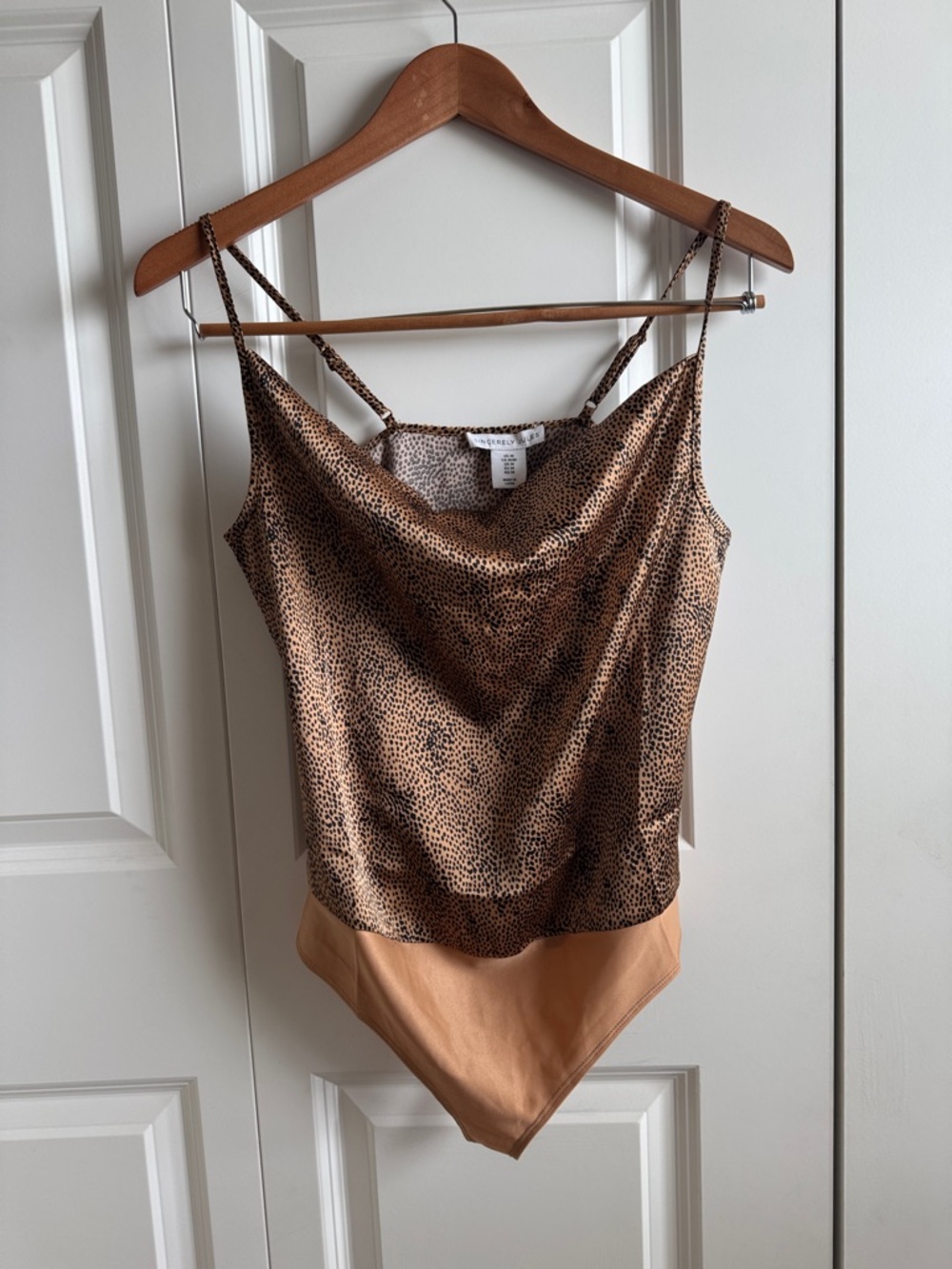 Sincerly Jules Leopard Print Cowl Neck Bodysuit in Brown and Tan